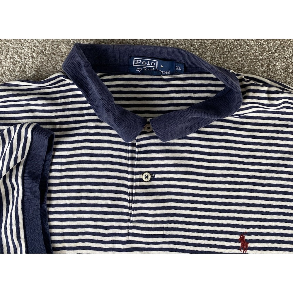Polo Ralph Lauren Blue/White Striped Polo Mens XL Relaxed Cotton Polo Red Pony